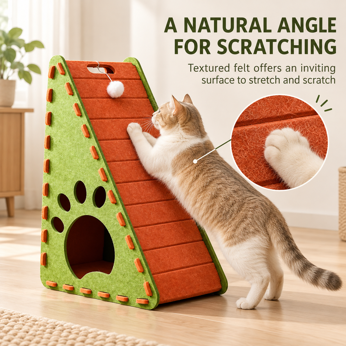 Triangular Felt Cat Activity House – 4-in-1 Scratcher, Climber, Hideaway & Play Toy Fursera