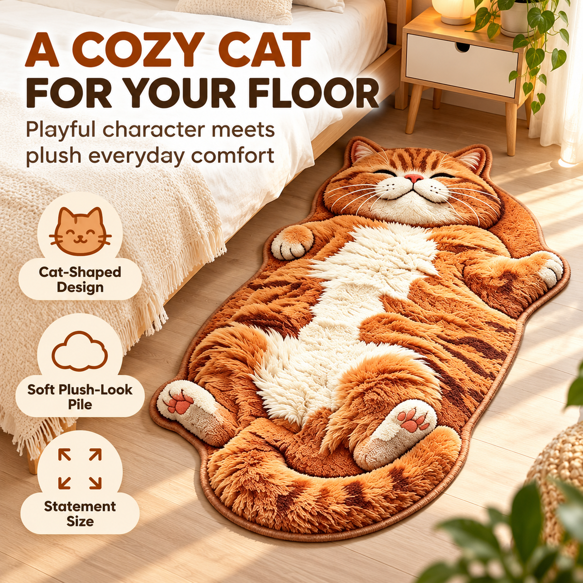 Orange Tabby Cat-Shaped Rug – Plush Accent Rug for Bedrooms & Living Rooms Fursera