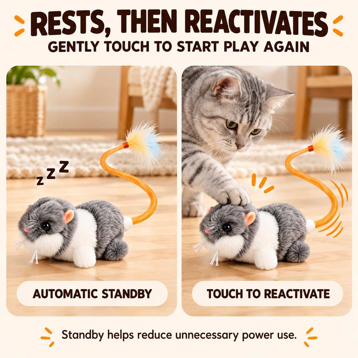 Touch-Activated Mouse Cat Toy with Wagging Feather Tail | Rechargeable Fursera