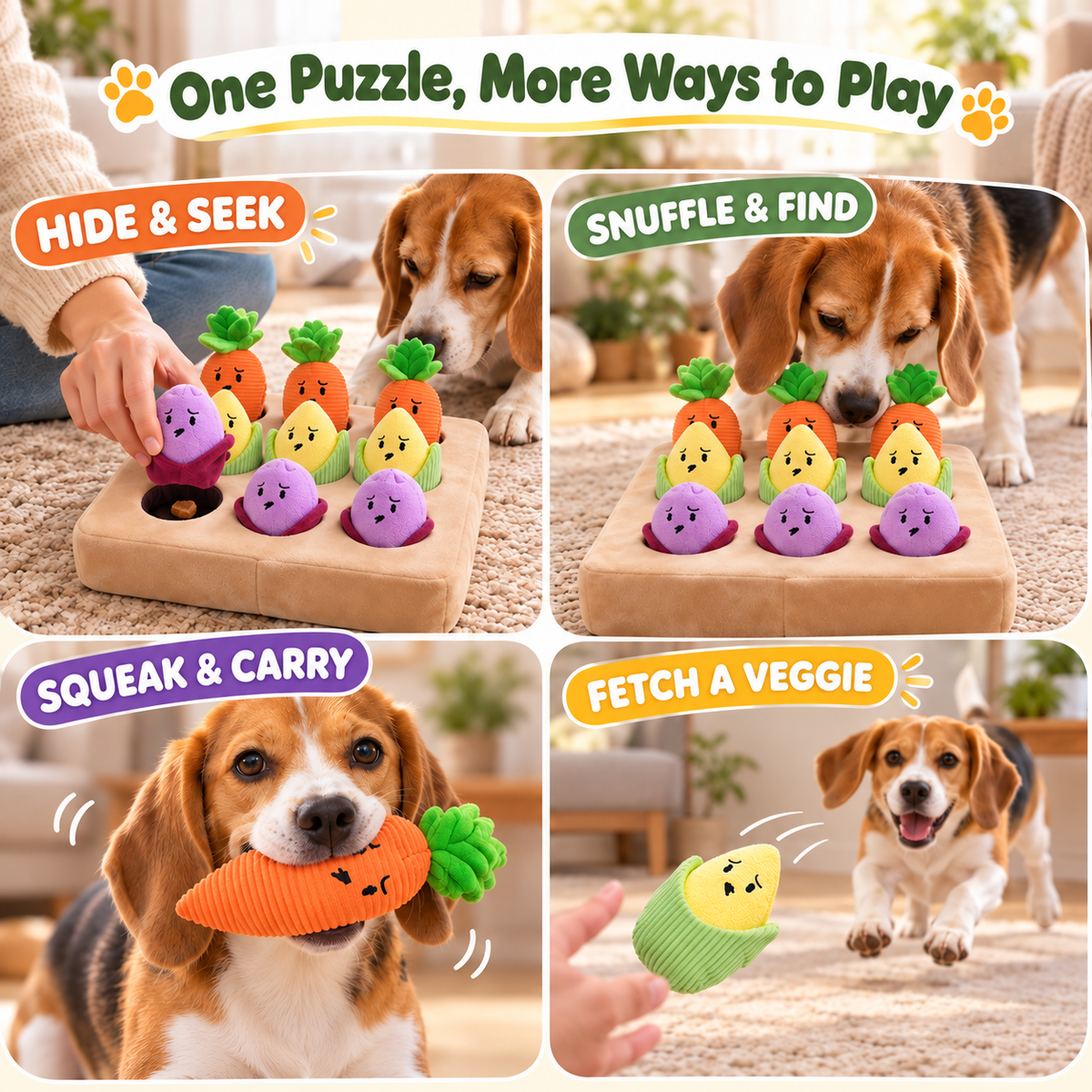 Vegetable Hide-and-Seek Dog Puzzle Toy – 9 Squeaky Plush Veggies Fursera