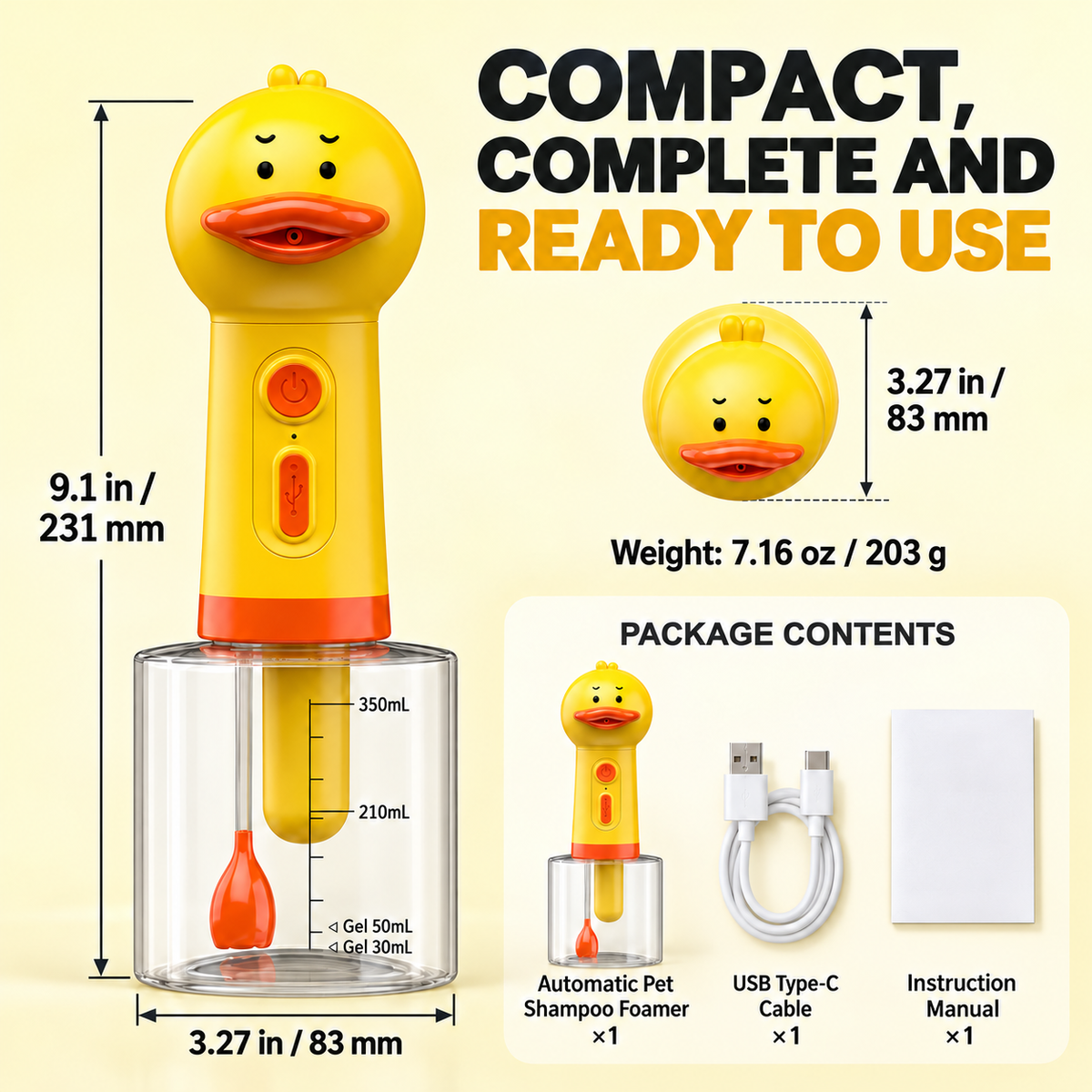Automatic Pet Shampoo Foamer, 400mL USB-C Rechargeable Dispenser for Dogs & Cats Fursera