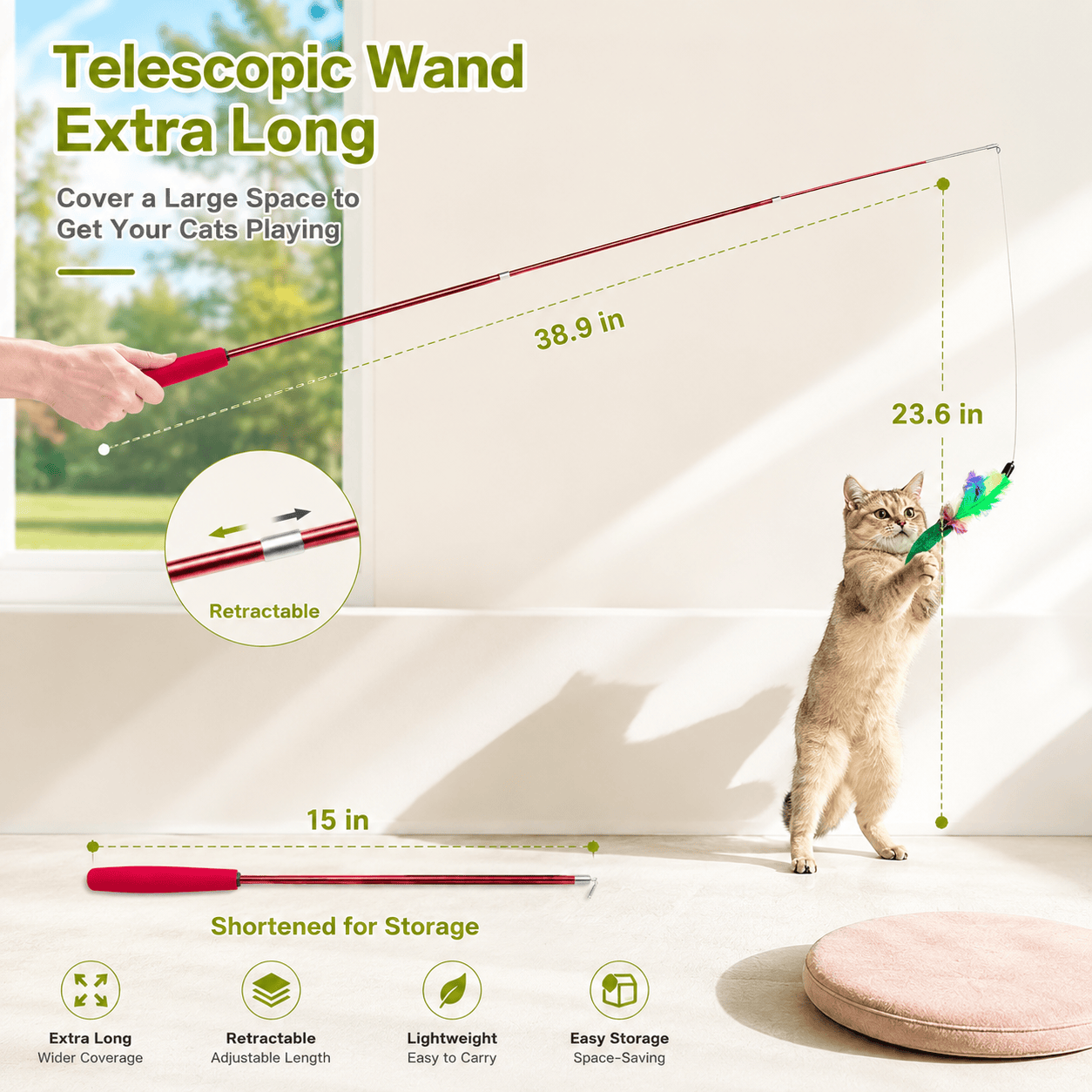 Interactive Cat Wand Toy Set - 2PCS Retractable Wand Toy and 9PCS Cat Feather Toys Refills