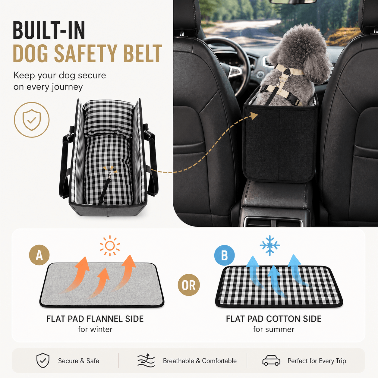 Foldable Center Console Dog Car Seat with Safety Leash & Anti-Slip Base Fursera