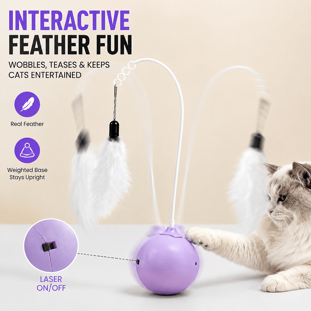 Interactive Feather &amp; Laser Cat Toy – Wobble Teaser with Bell Fursera