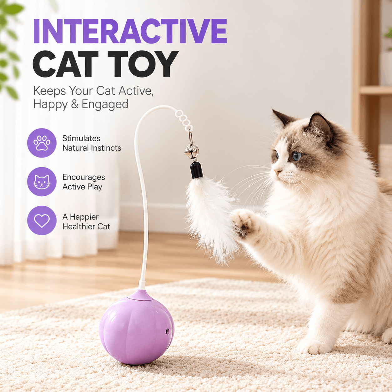 Interactive Feather &amp; Laser Cat Toy – Wobble Teaser with Bell Fursera
