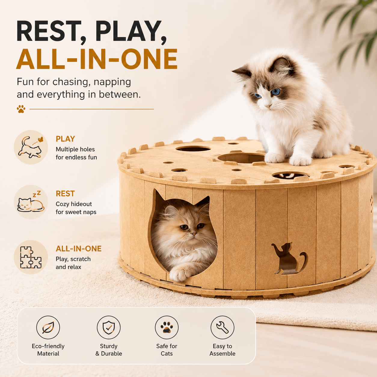 Felt Cat Tunnel & Hideaway – 2-in-1 Interactive Playhouse & Cozy Bed Fursera