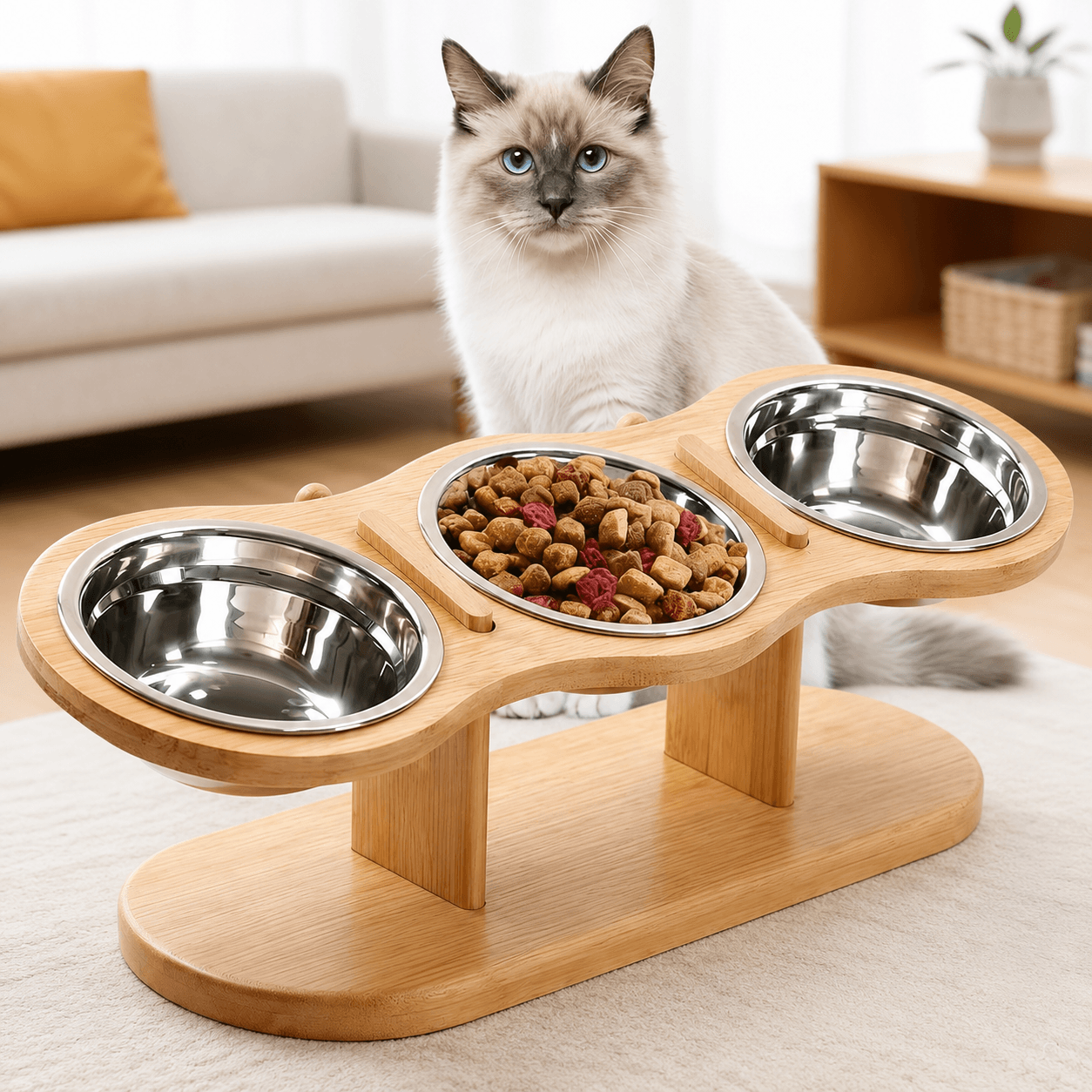 Elevated Bamboo Pet Feeder – 3-Bowl Feeding Station for Cats & Small Dogs Fursera