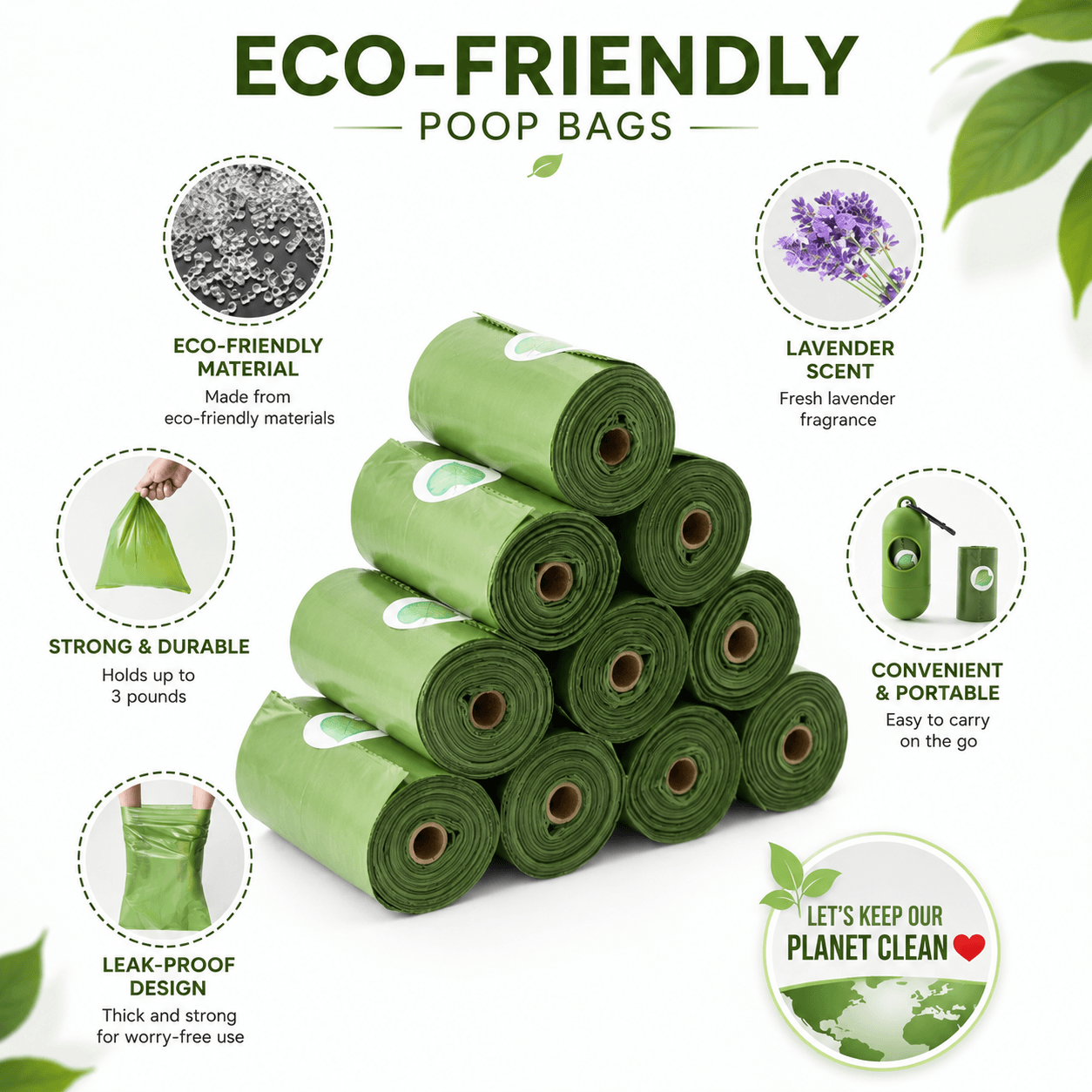 HDPE and EPI dog poop bags with leak-proof rolls and free dispenser