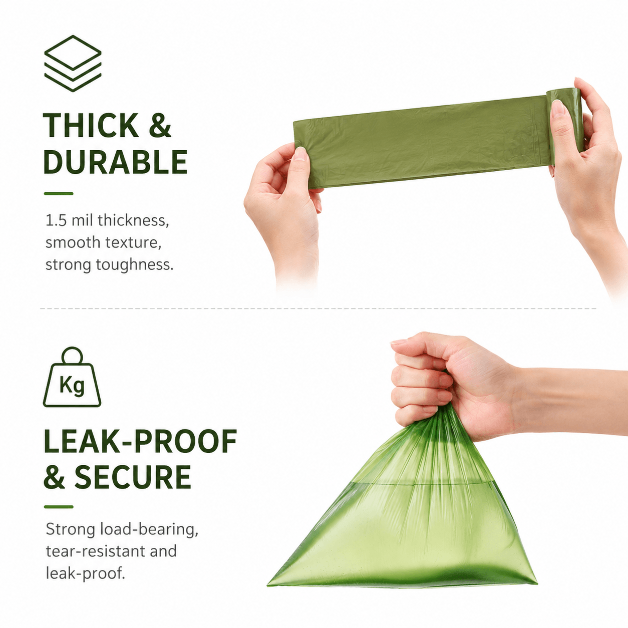HDPE and EPI dog poop bags with leak-proof rolls and free dispenser