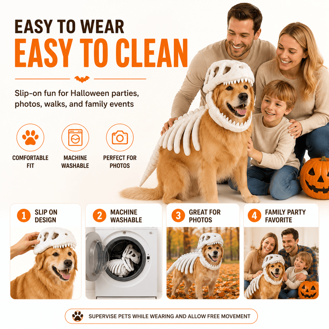 Dinosaur Skeleton Costume for Dogs & Cats | Soft Plush Halloween Pet Costume Fursera