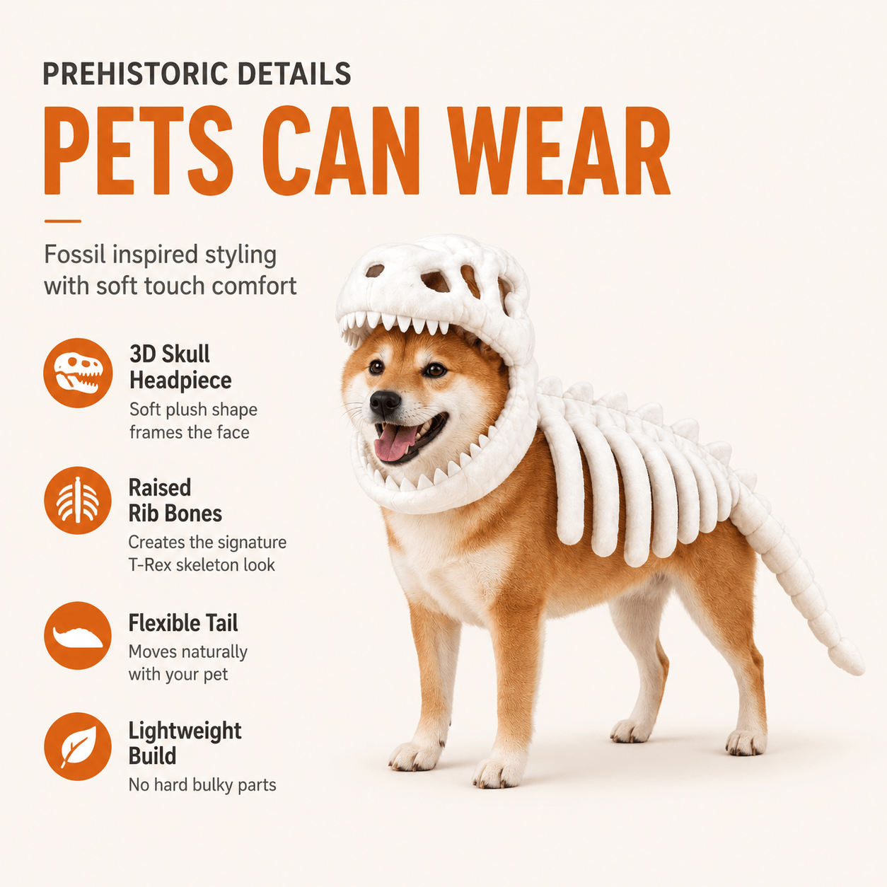 Dinosaur Skeleton Costume for Dogs & Cats | Soft Plush Halloween Pet Costume Fursera