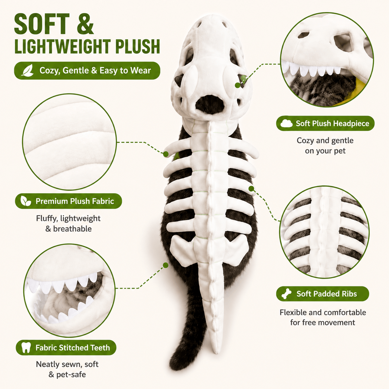 Dinosaur Skeleton Costume for Dogs & Cats | Soft Plush Halloween Pet Costume Fursera