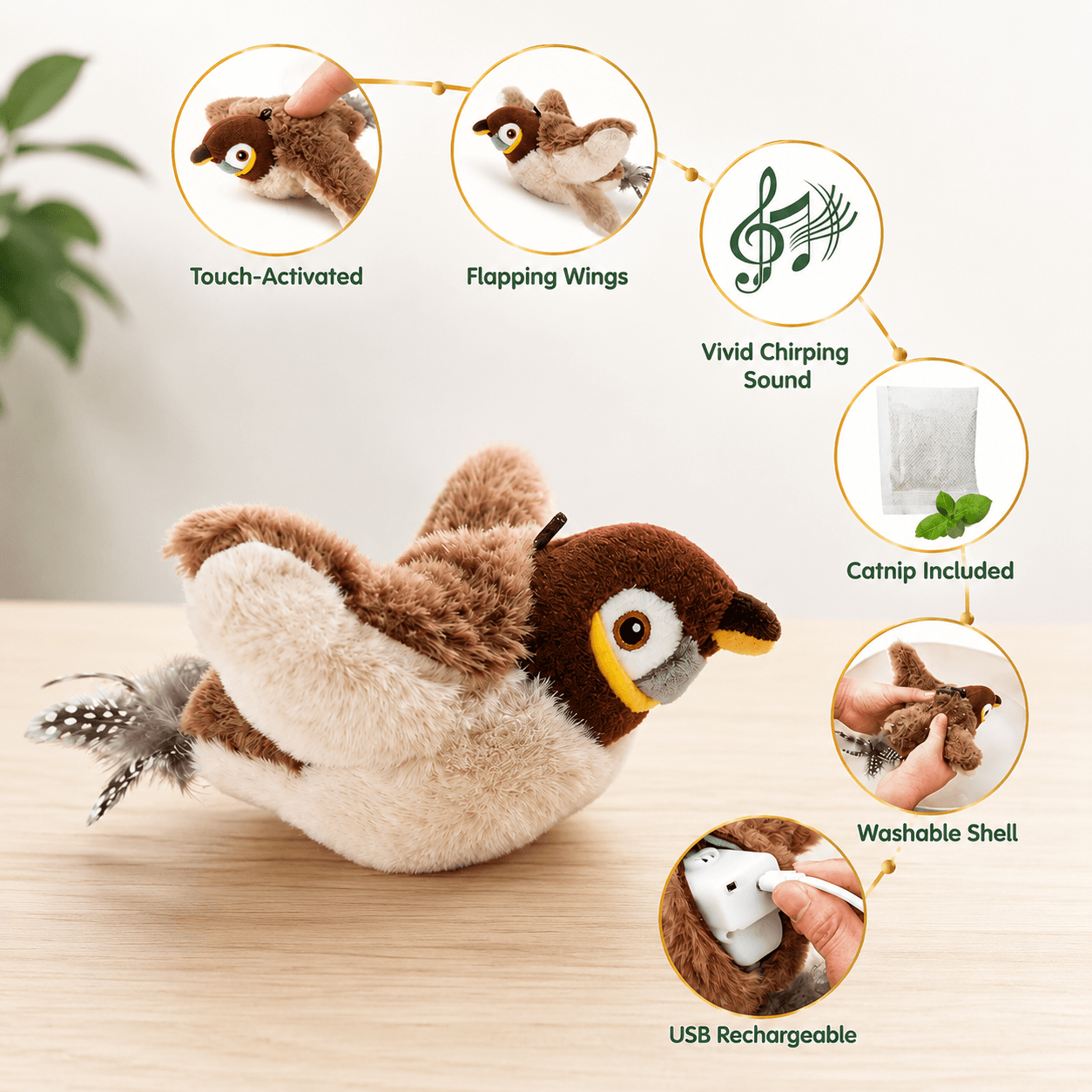 Realistic Chirping Bird Cat Toy with Flapping Wings Fursera