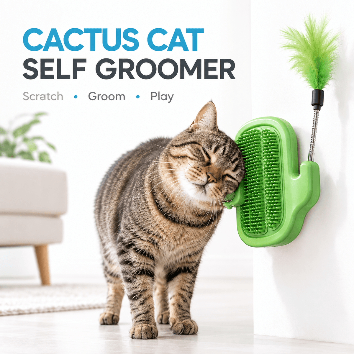 3-in-1 Cactus Cat Corner Groomer with Catnip Ball & Feather Teaser Fursera