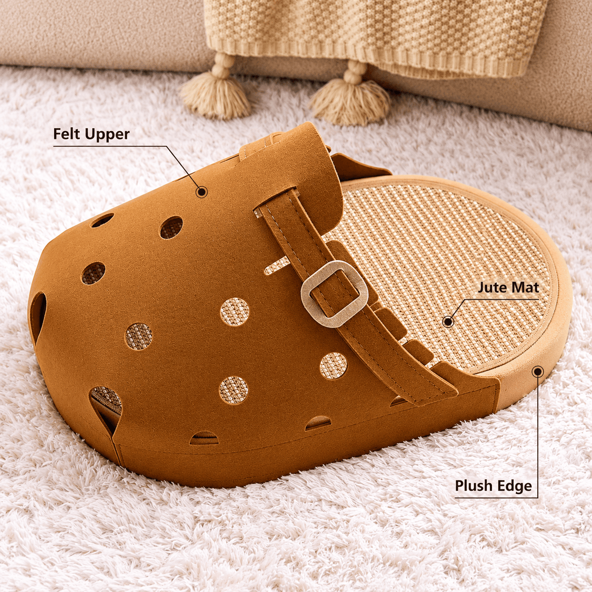 Clog-Shaped Cat Bed – Felt Cat Cave with Jute Scratching Mat Fursera