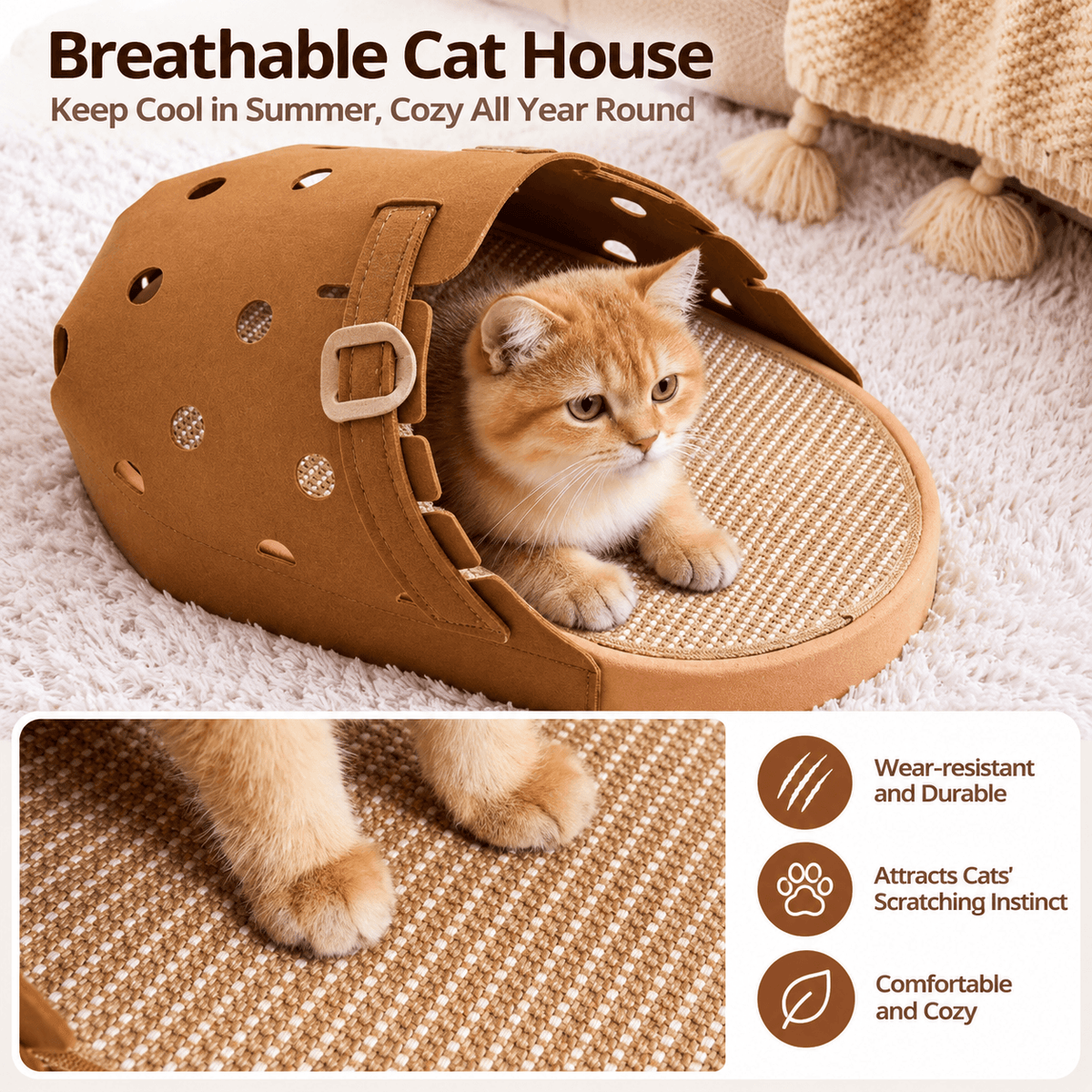 Clog-Shaped Cat Bed – Felt Cat Cave with Jute Scratching Mat Fursera