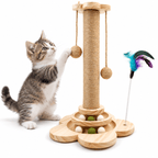 4-in-1 Wooden Cat Scratching Post with Ball Tracks & Feather Toy Fursera