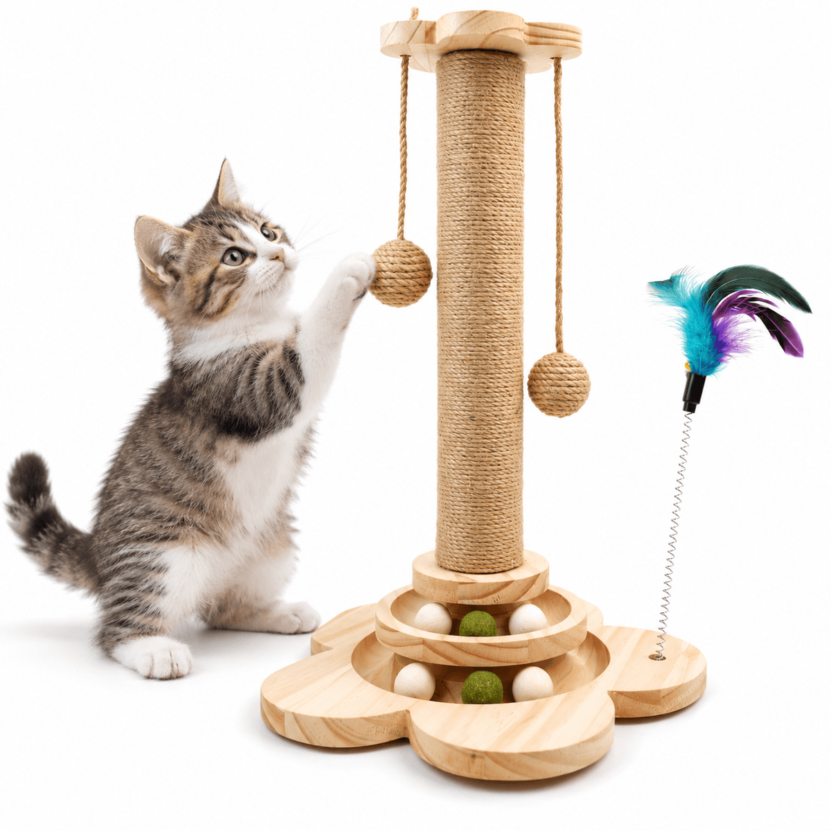 4-in-1 Wooden Cat Scratching Post with Ball Tracks & Feather Toy Fursera
