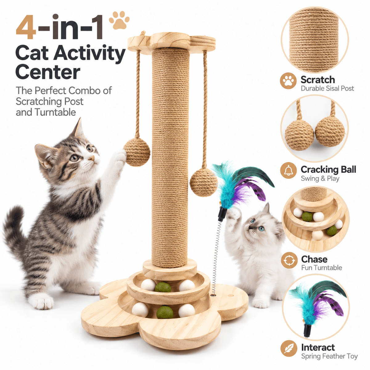 4-in-1 Wooden Cat Scratching Post with Ball Tracks & Feather Toy Fursera