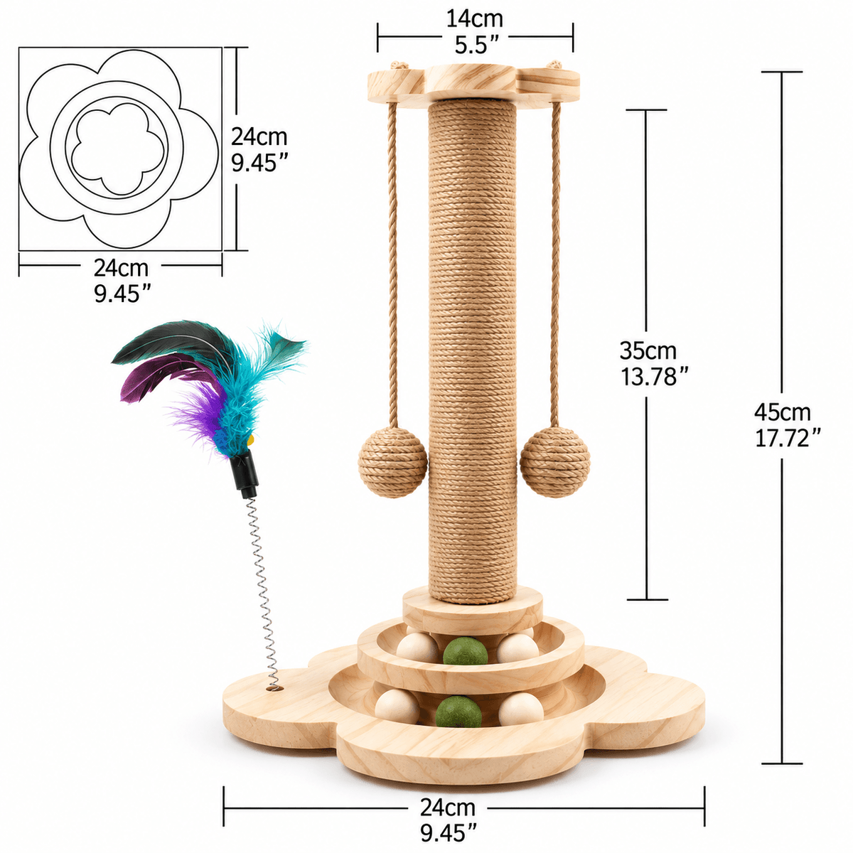 4-in-1 Wooden Cat Scratching Post with Ball Tracks & Feather Toy Fursera