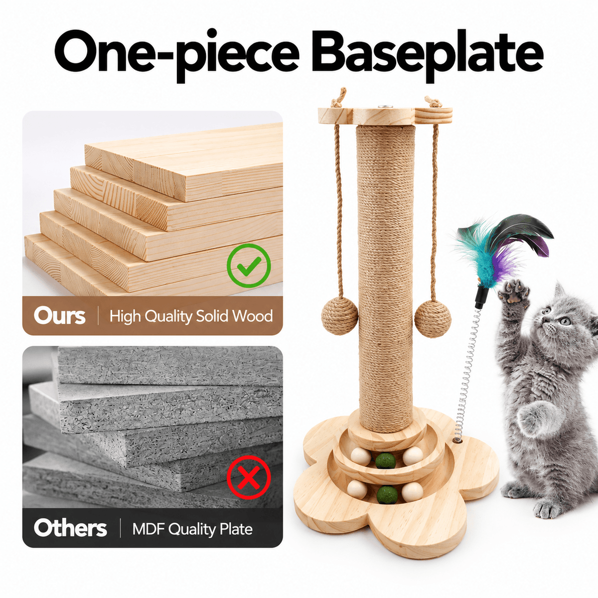 4-in-1 Wooden Cat Scratching Post with Ball Tracks & Feather Toy Fursera
