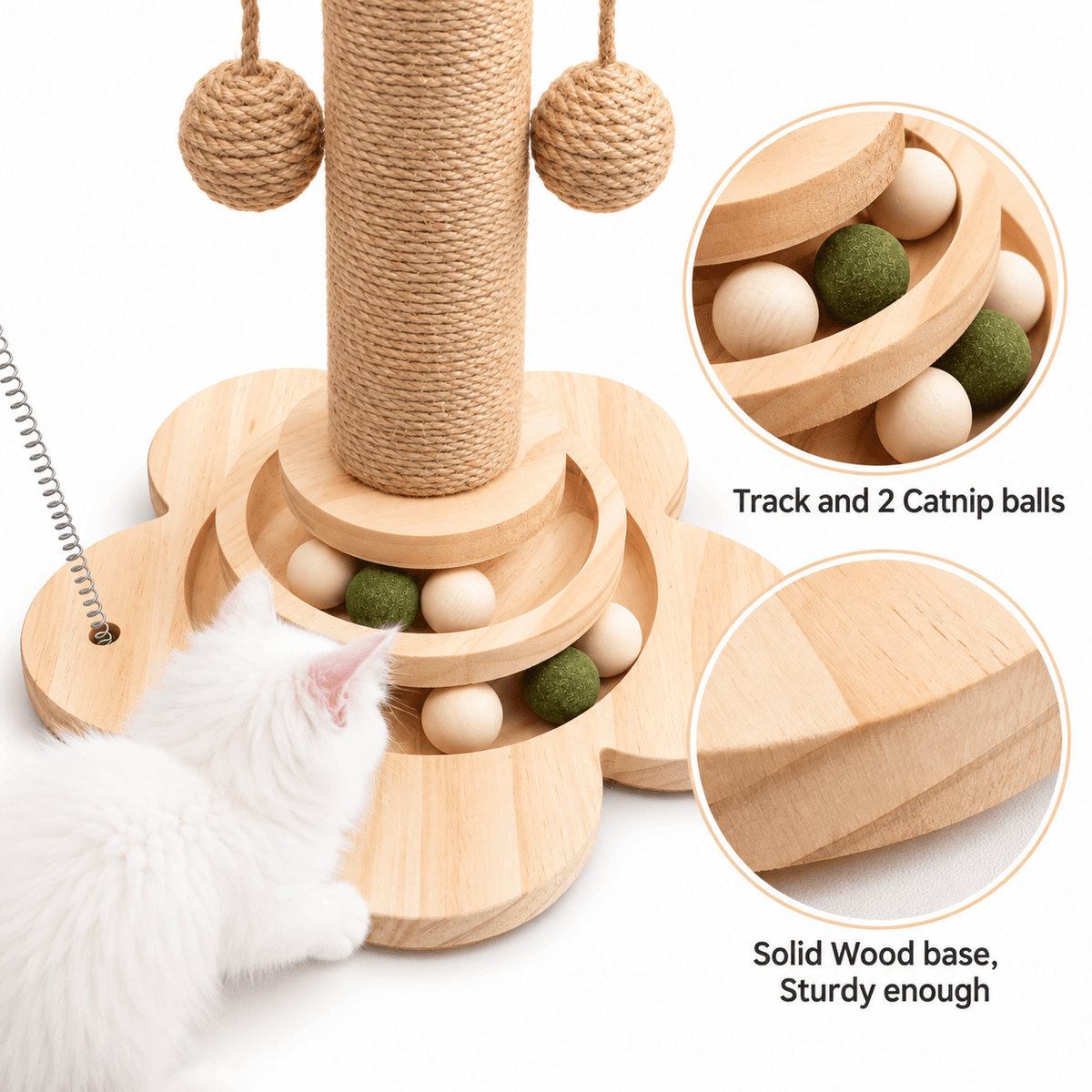 4-in-1 Wooden Cat Scratching Post with Ball Tracks & Feather Toy Fursera