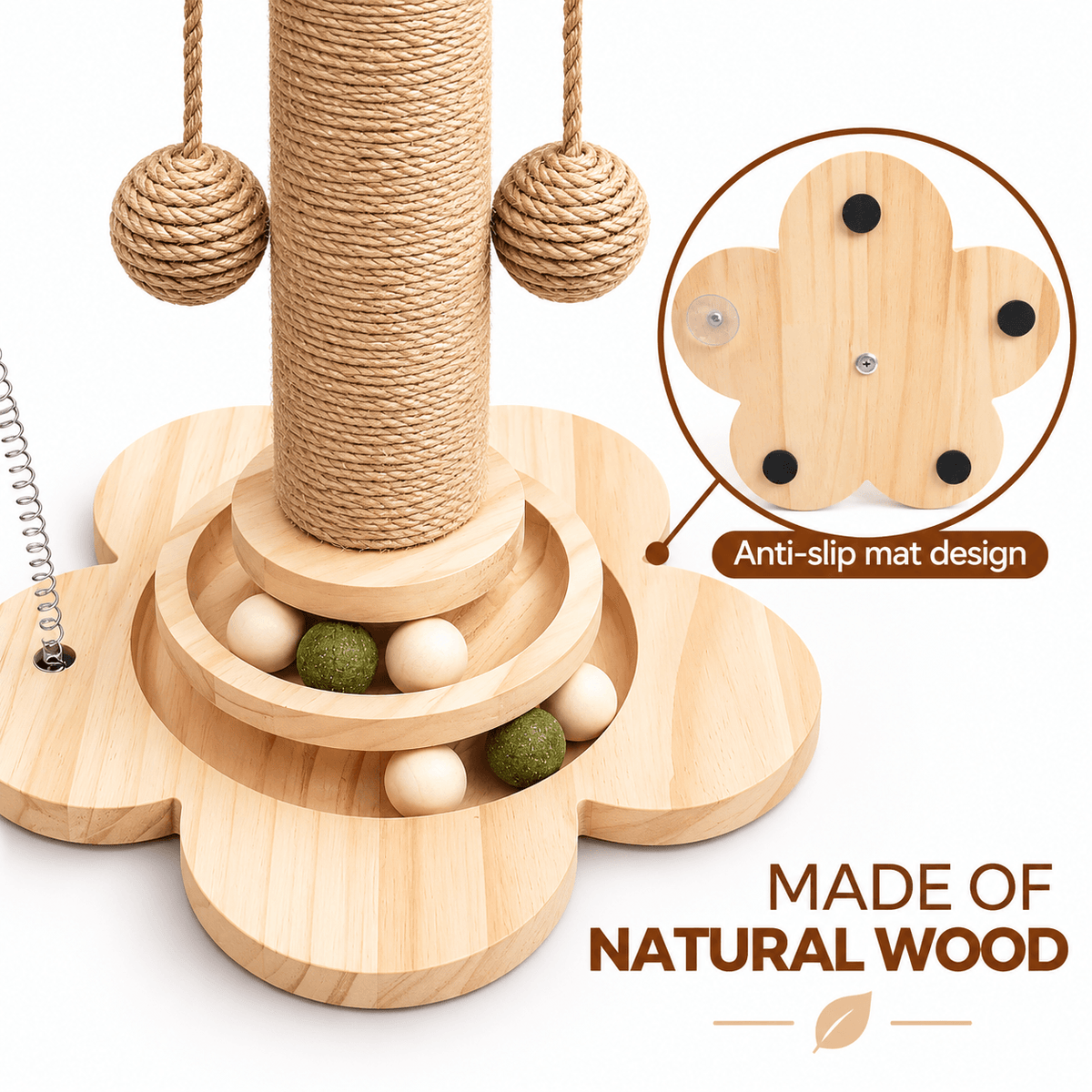 4-in-1 Wooden Cat Scratching Post with Ball Tracks & Feather Toy Fursera