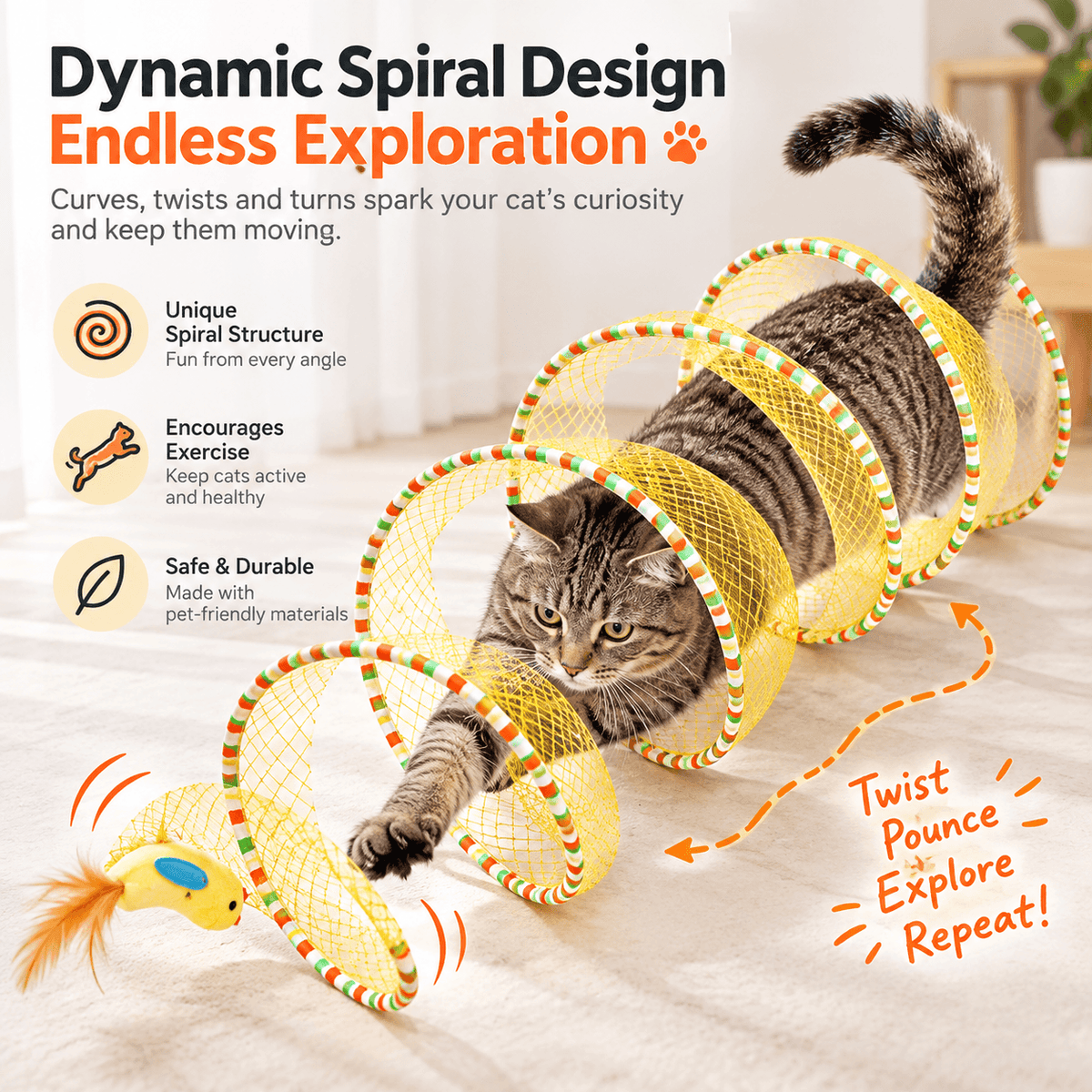 Collapsible Spiral Cat Tunnel Toy with Feathers & Bells Fursera