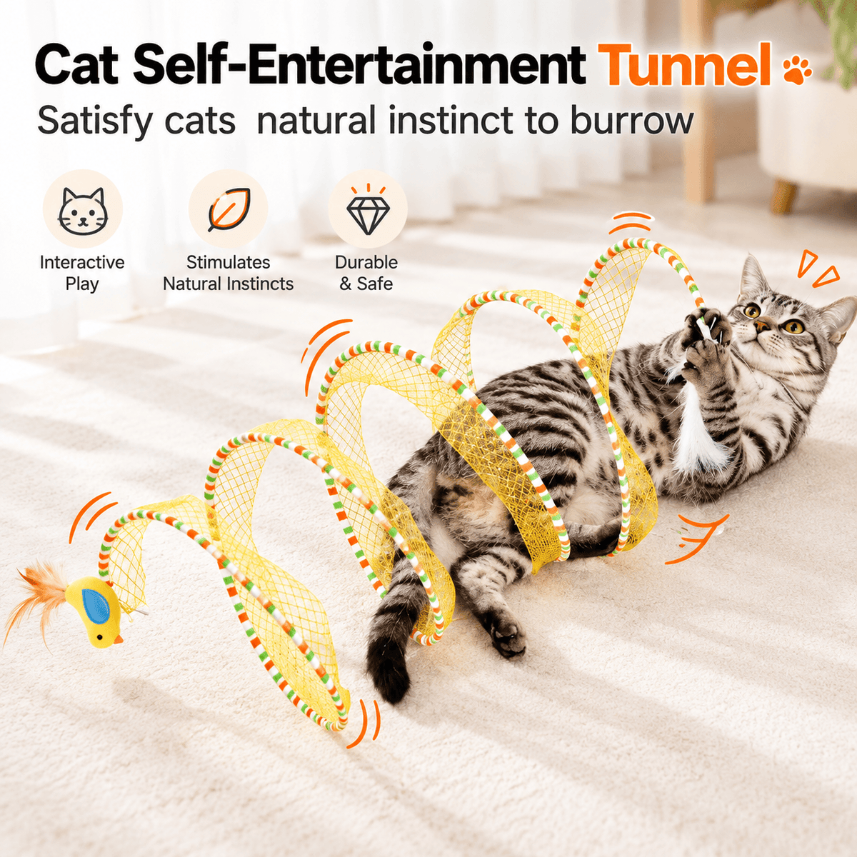 Collapsible Spiral Cat Tunnel Toy with Feathers & Bells Fursera