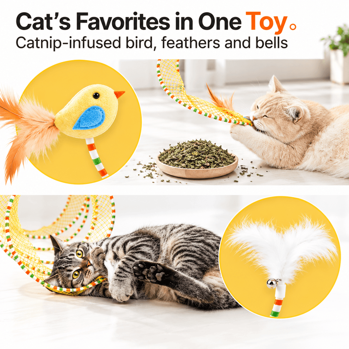 Collapsible Spiral Cat Tunnel Toy with Feathers & Bells Fursera