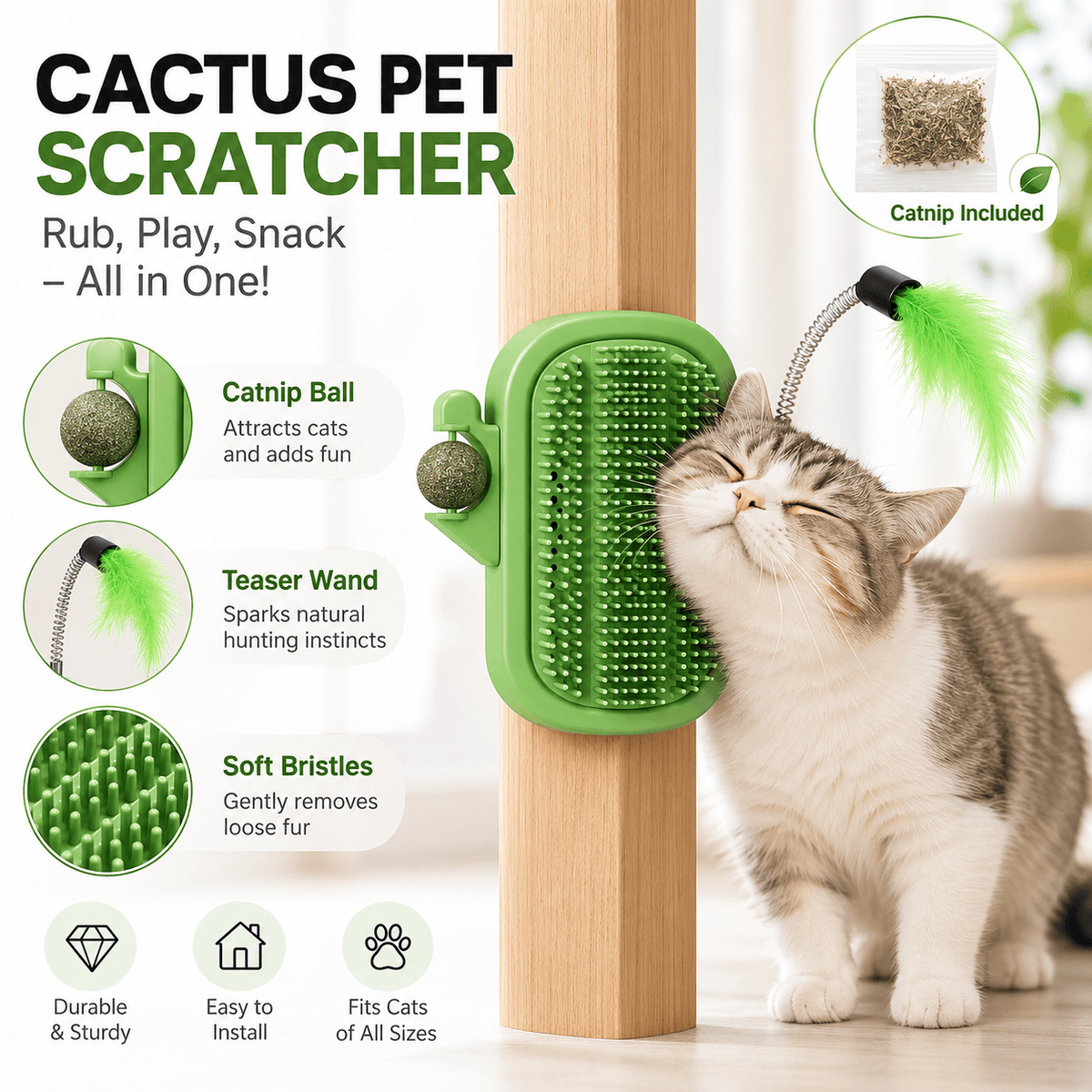 3-in-1 Cactus Cat Corner Groomer with Catnip Ball & Feather Teaser Fursera