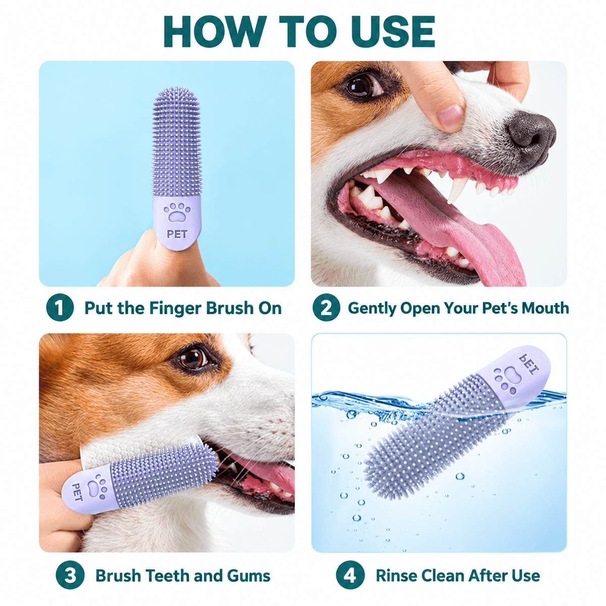 4-Pack 360° Silicone Pet Finger Toothbrush for Dogs & Cats Fursera