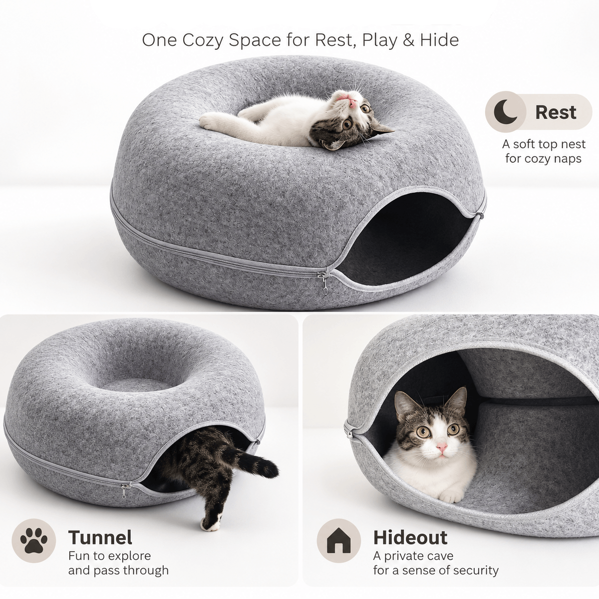 Donut Cat Tunnel Bed – 2-in-1 Felt Cat Cave & Lounge Fursera