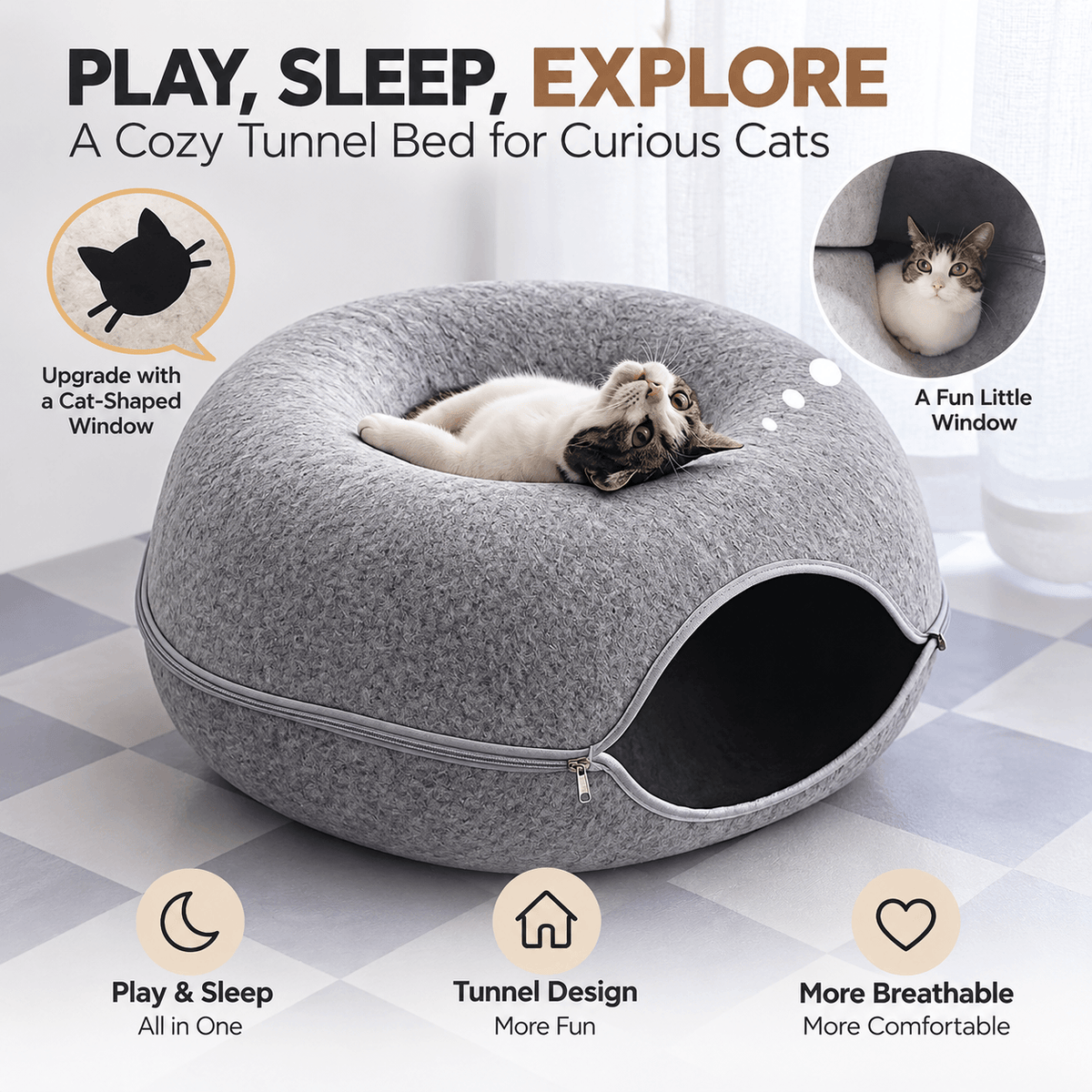 Donut Cat Tunnel Bed – 2-in-1 Felt Cat Cave & Lounge Fursera