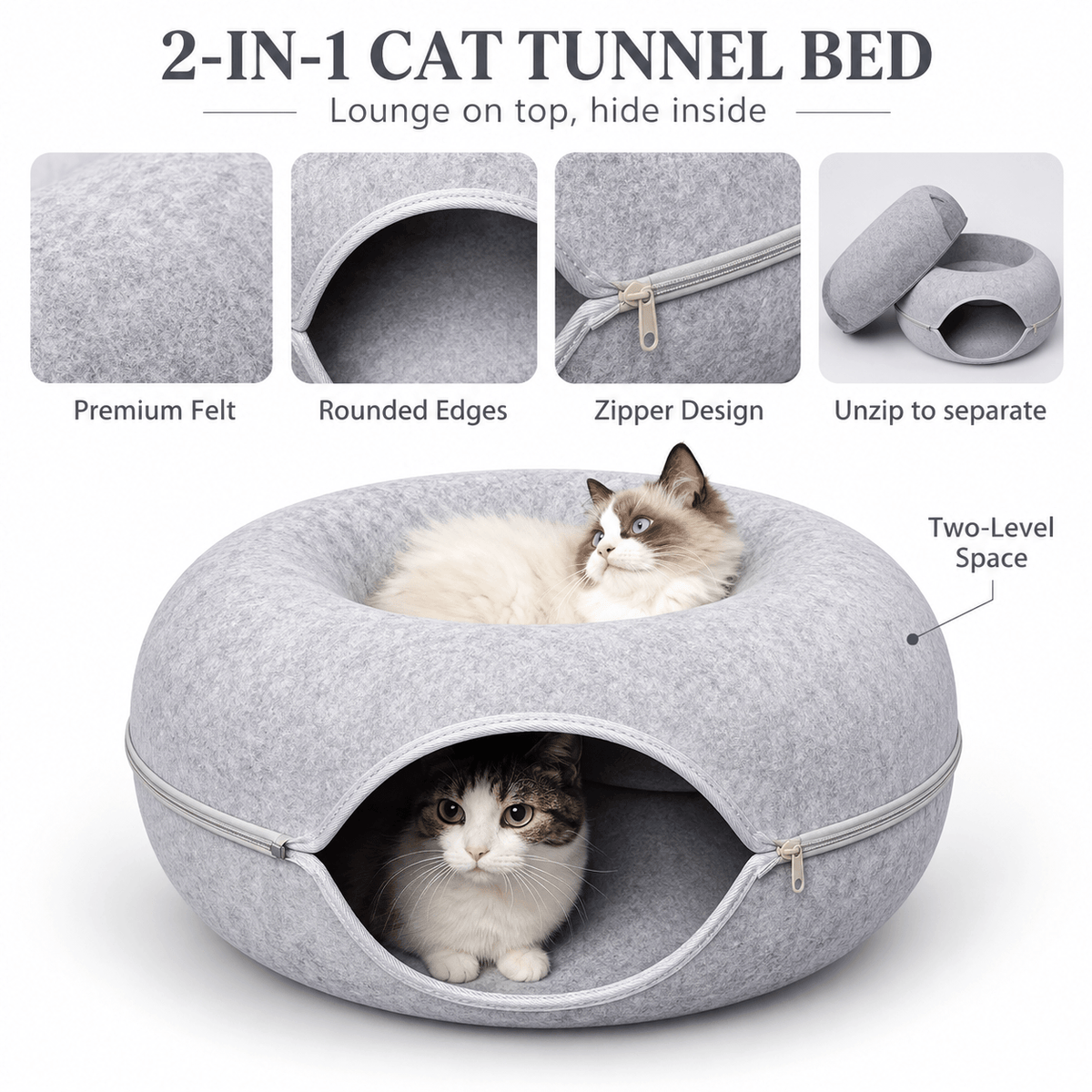 Donut Cat Tunnel Bed – 2-in-1 Felt Cat Cave & Lounge Fursera
