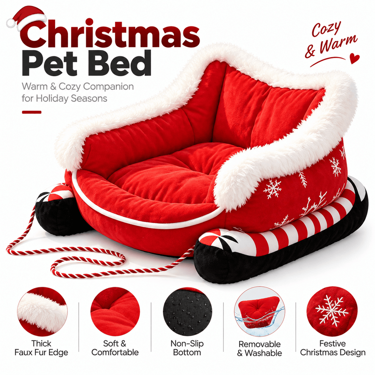 Christmas Sleigh Pet Bed for Dogs & Cats Fursera