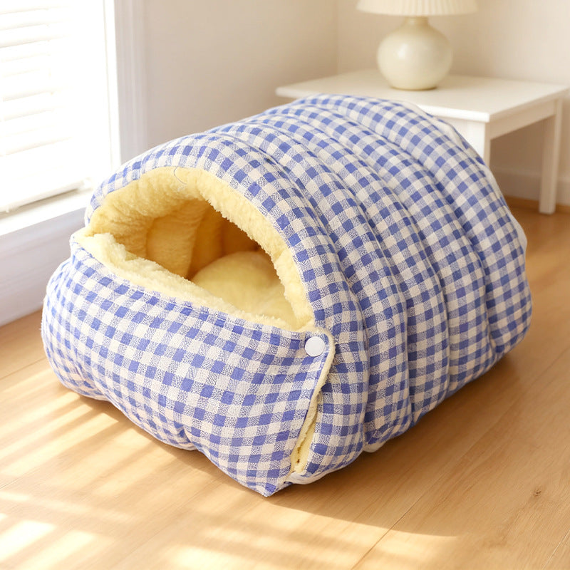 Cozy Cat Cave Bed – Enclosed Plush Gingham Sleeping Nest for Cats & Small Dogs Fursera