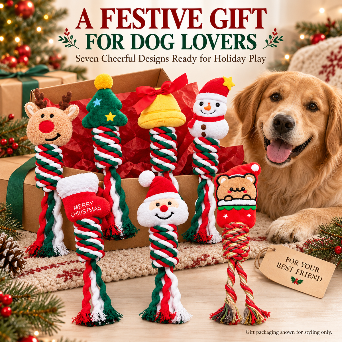 7-Piece Christmas Dog Toy Set – Festive Plush & Cotton Rope Toys for Chewing, Tugging & Fetch Fursera