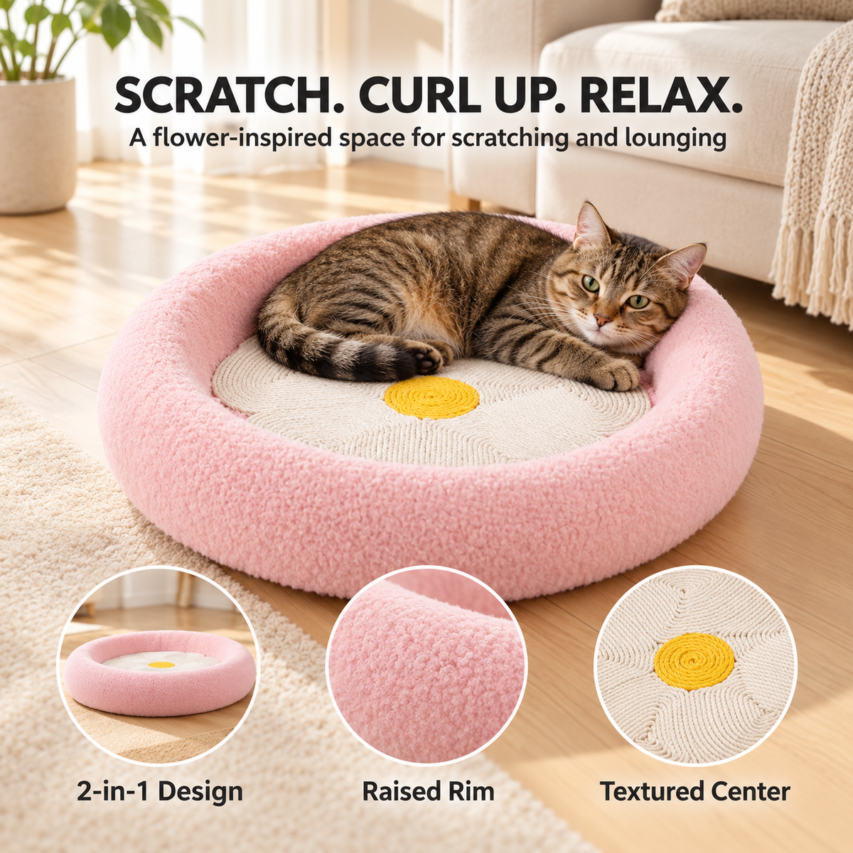 Flower Cat Scratcher Lounge – 2-in-1 Round Cat Scratching Bed Fursera