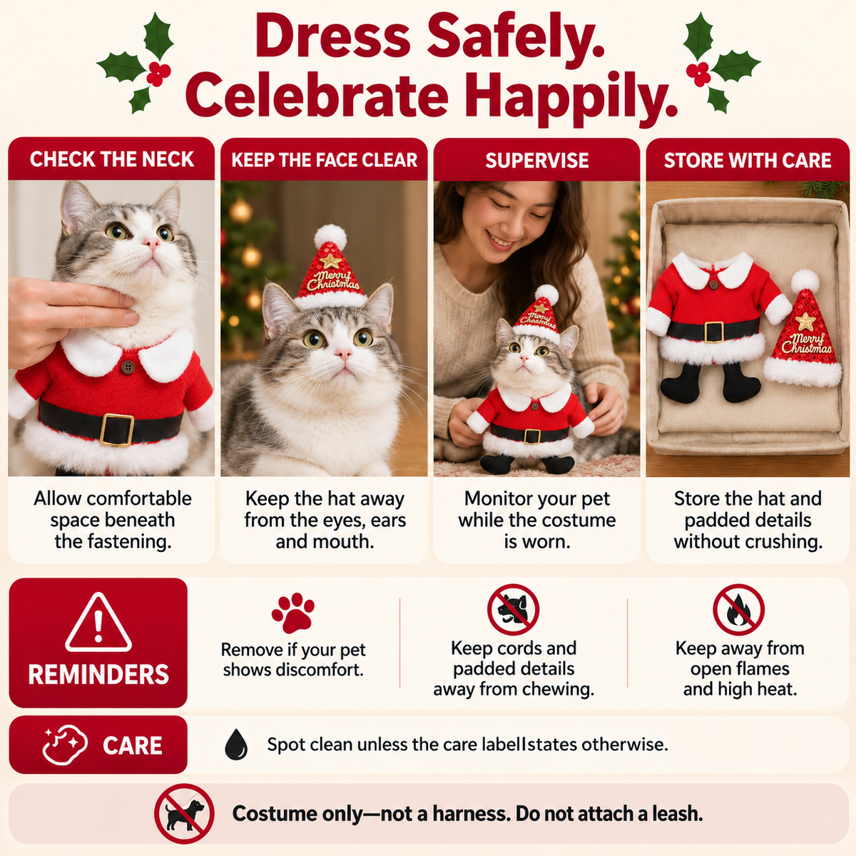 Christmas Pet Santa Costume & Sequin Hat for Cats and Small Dogs Fursera