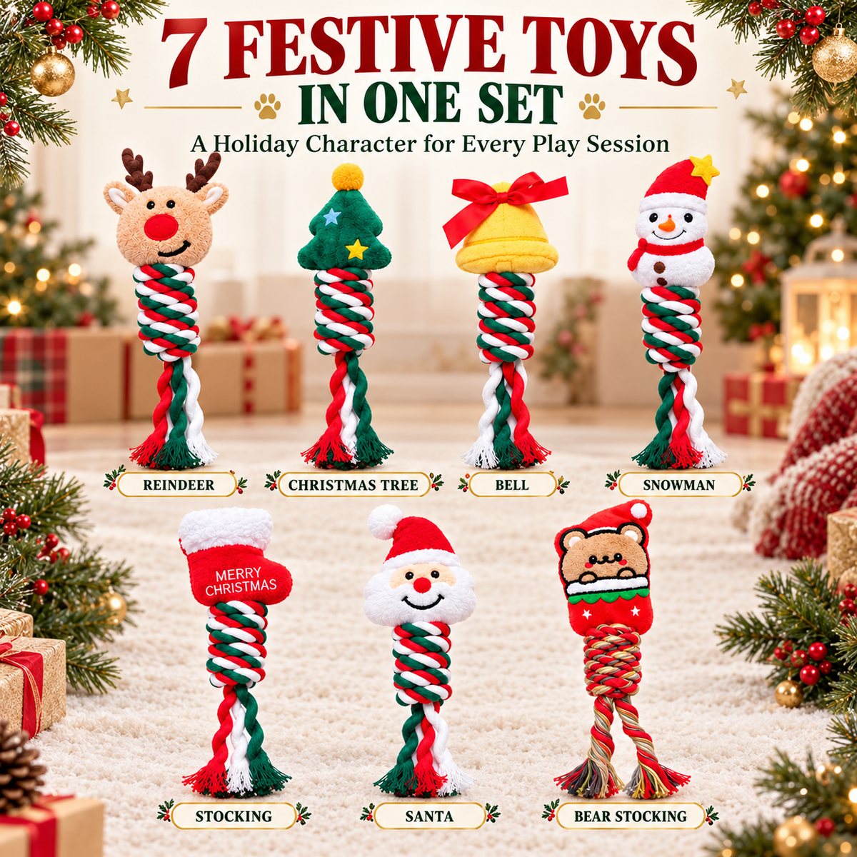 7-Piece Christmas Dog Toy Set – Festive Plush & Cotton Rope Toys for Chewing, Tugging & Fetch Fursera