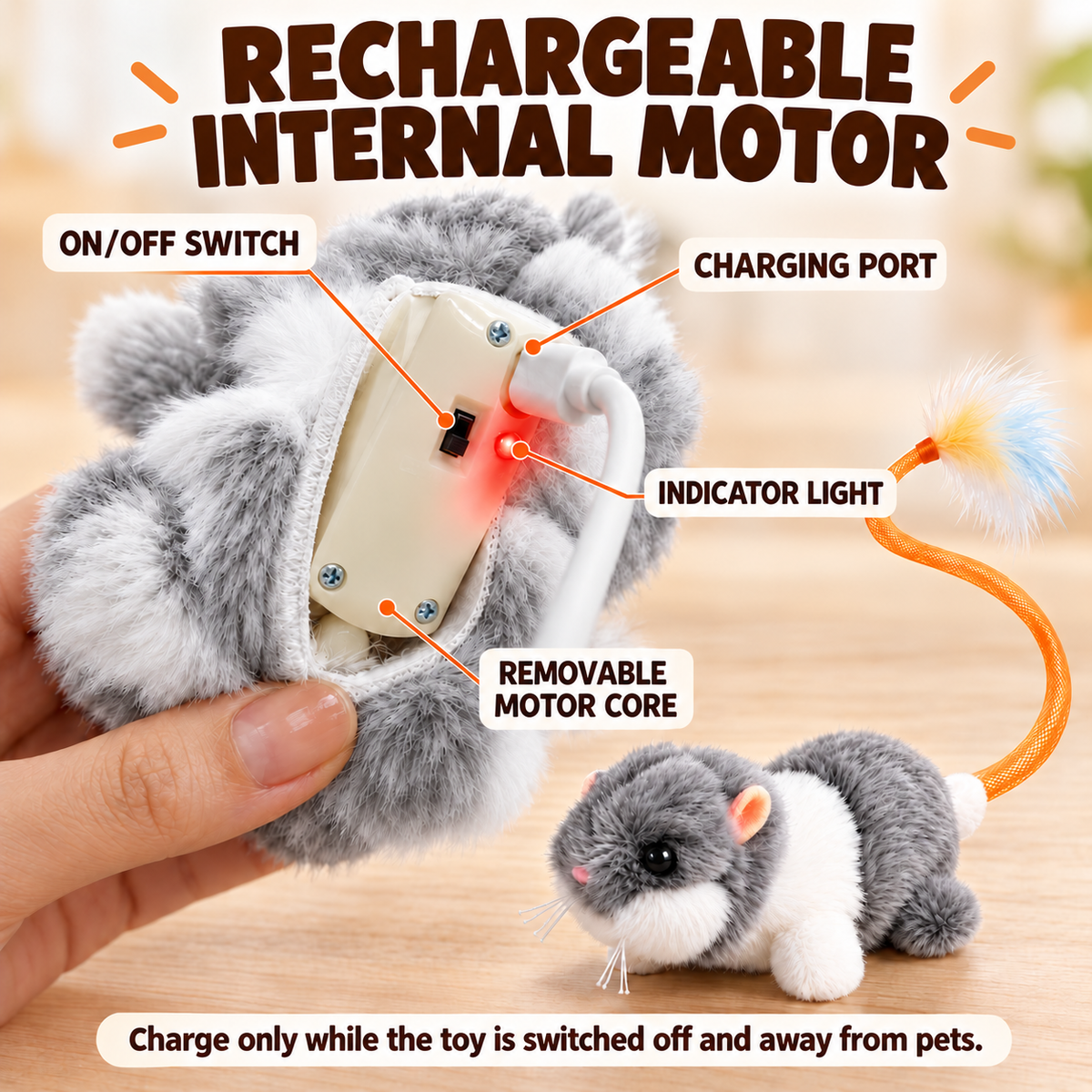 Touch-Activated Mouse Cat Toy with Wagging Feather Tail | Rechargeable Fursera