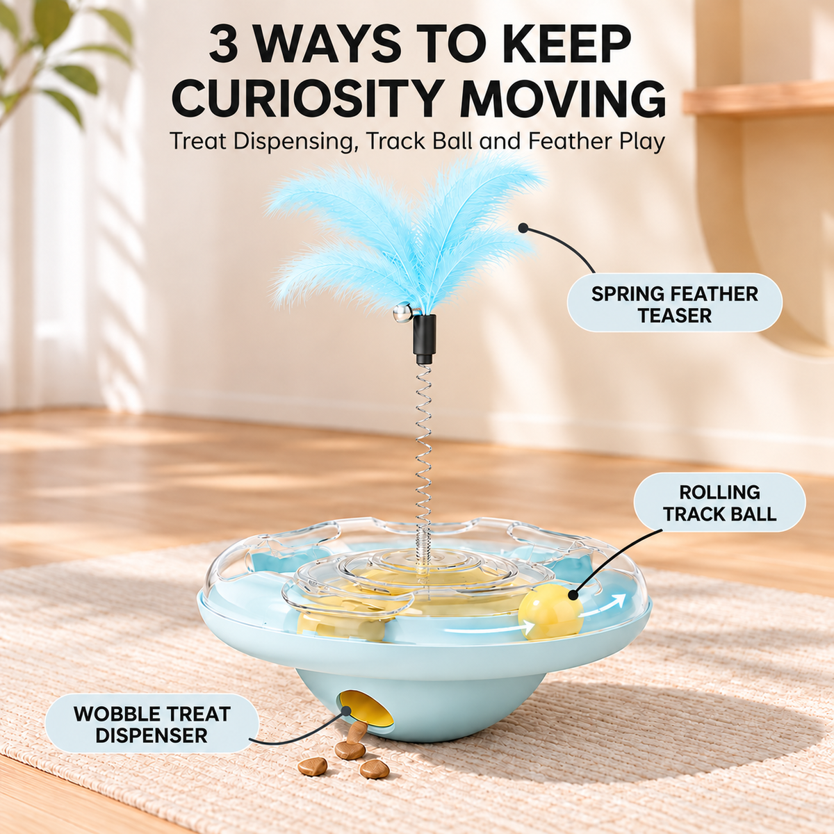 3-in-1 Interactive Cat Toy – Wobble Treat Dispenser with Track Ball & Feather Teaser Fursera