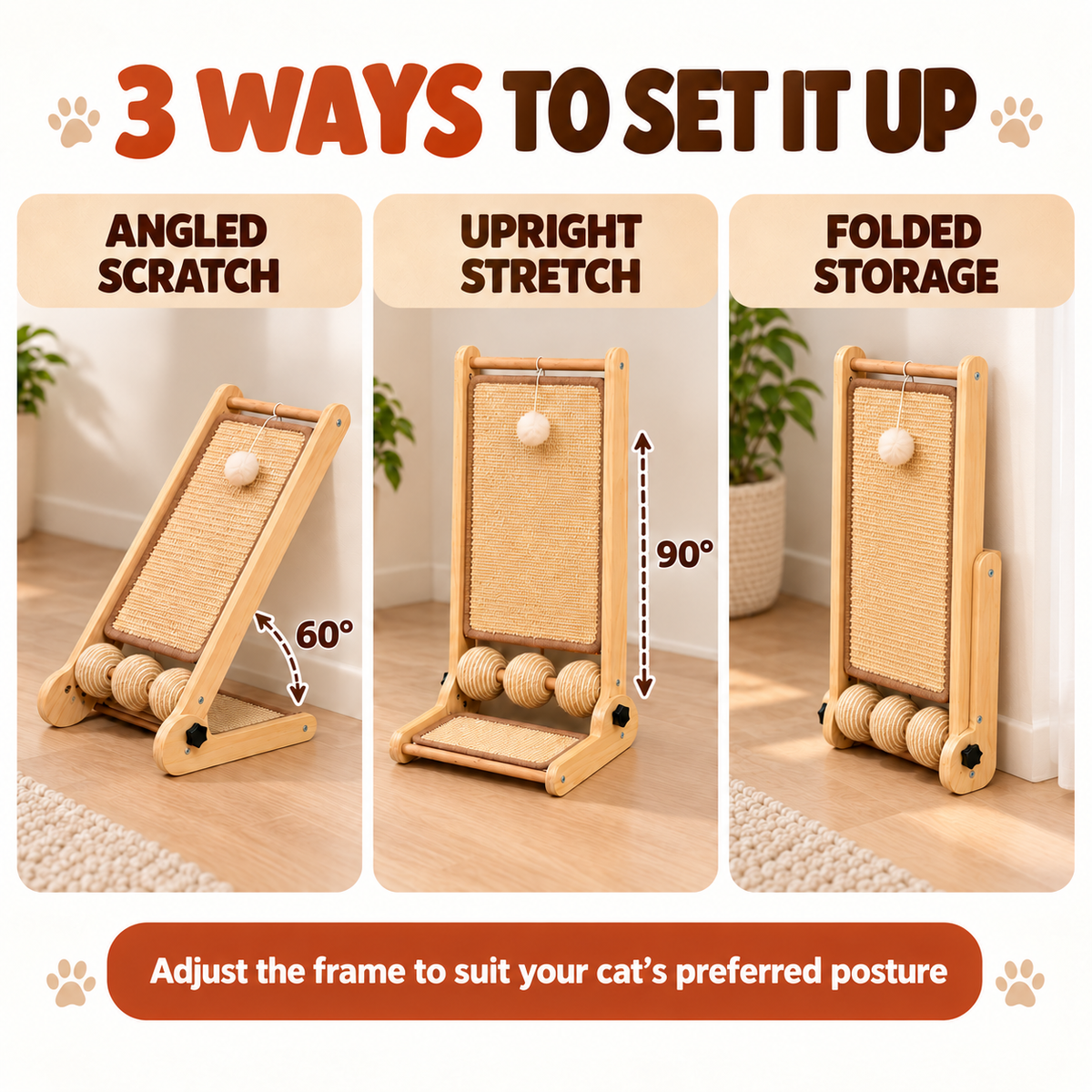 Adjustable Folding Cat Scratcher with Sisal Pads & Interactive Toys Fursera