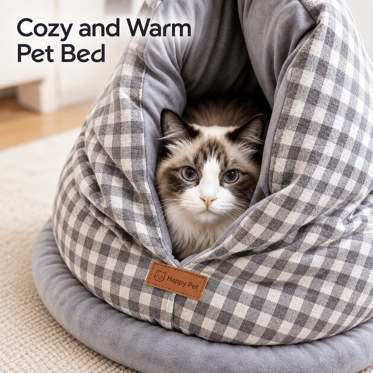 Cozy Gingham Cat Cave Bed – Plush-Lined Hideaway Fursera