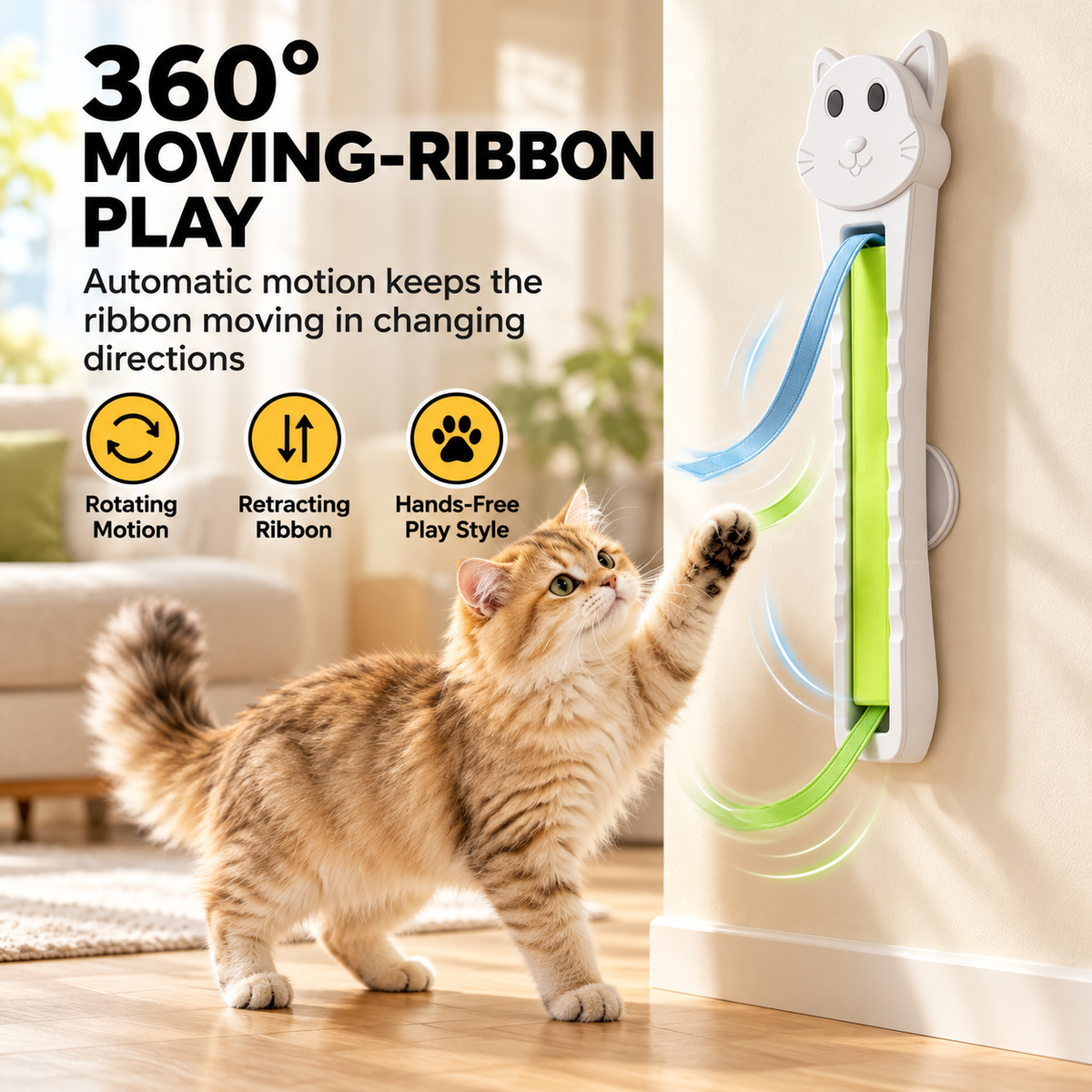 Wall-Mounted Automatic Cat Ribbon Toy – 2-Speed USB-C Rechargeable Teaser Fursera