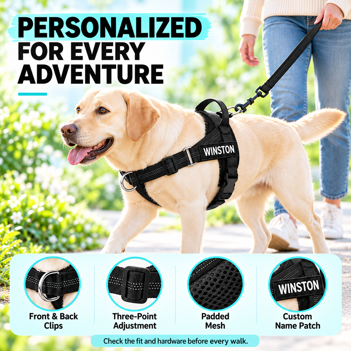 Personalized Dog Harness with Name Patch – Free Matching Color Leash Fursera