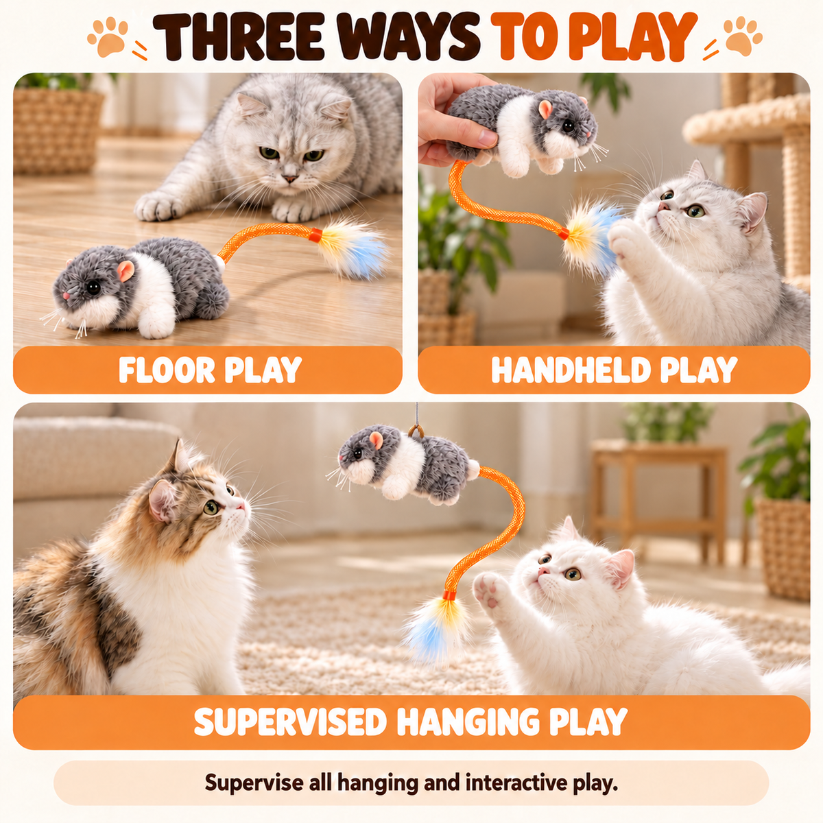 Touch-Activated Mouse Cat Toy with Wagging Feather Tail | Rechargeable Fursera