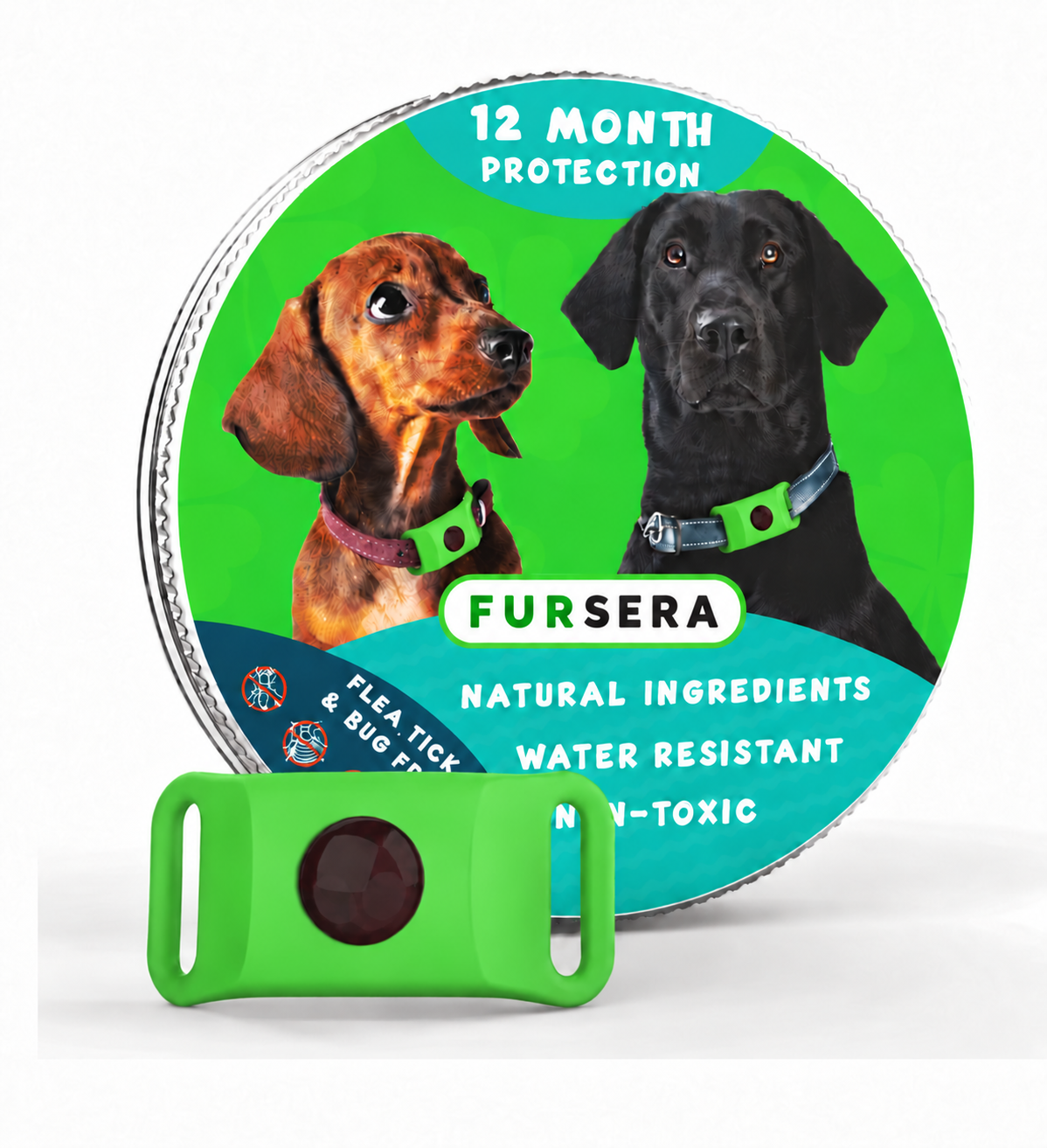 Green Collar-Mounted Pet Tag with Flexible Dual-Slot Holder & Adjustable Collar Fursera