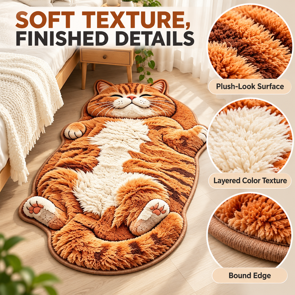 Orange Tabby Cat-Shaped Rug – Plush Accent Rug for Bedrooms & Living Rooms Fursera